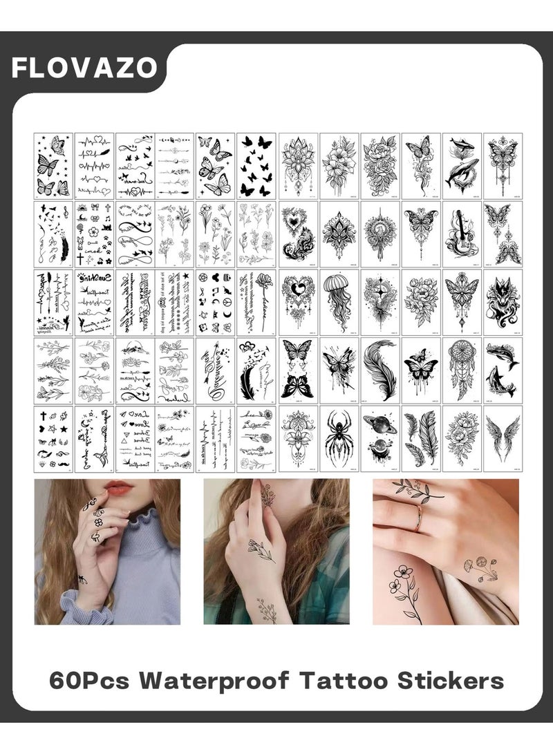 FLOVAZO 60Pcs Waterproof Temporary Tattoo Stickers - Butterfly Animal Feather Planet Wing Flower Designs For Kids, Adults, Men & Women (Black) - Image 1